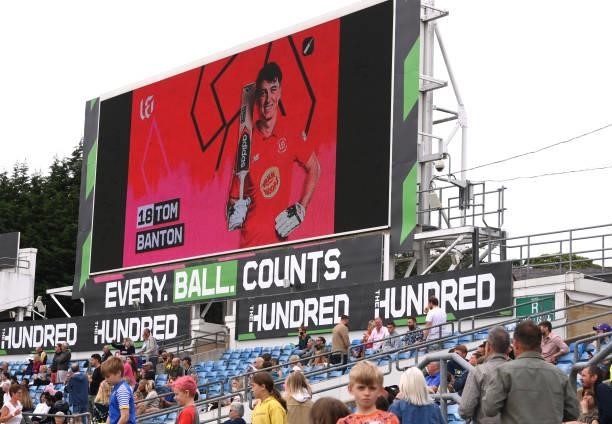 The big screen displays information during The Hundred match between Northern Superchargers Men and Welsh Fire Men at Emerald Headingley Stadium on...