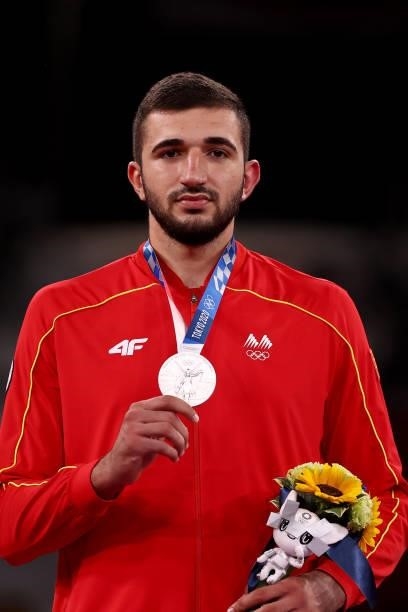 Silver medalist Dejan Georgievski of Team North Macedonia poses with the silver medal for the Men's +80kg Taekwondo on day four of the Tokyo 2020...