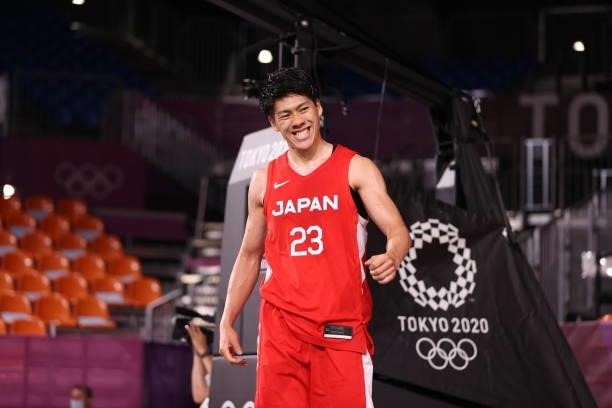 Ryuto Yasuoka of Team Japan reacts in the 3x3 Basketball competition on day four of the Tokyo 2020 Olympic Games at Aomi Urban Sports Park on July...