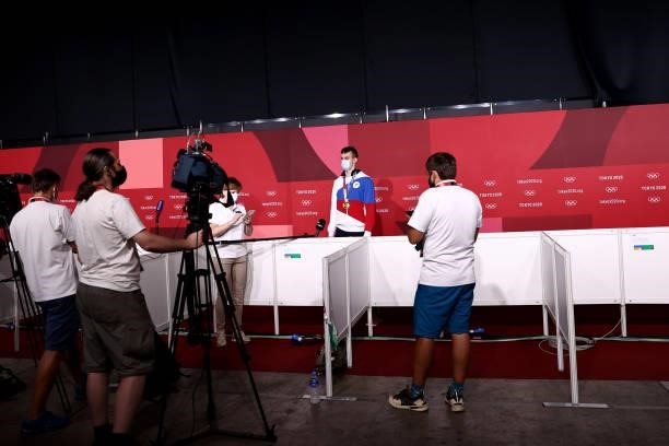 Gold medalist Vladislav Larin of Team ROC for the Men's +80kg Taekwondo waits to be interviewed on day four of the Tokyo 2020 Olympic Games at...