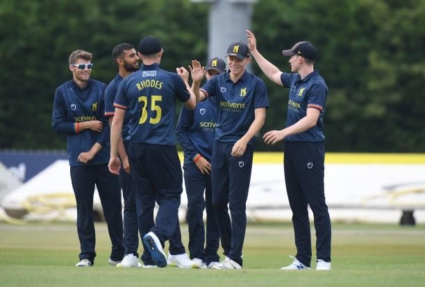 Ethan Brookesof Warwickshire celebrates catching out Ravi Rampaul of Derbyshire during the Royal London Cup match between Derbyshire and Warwickshire...