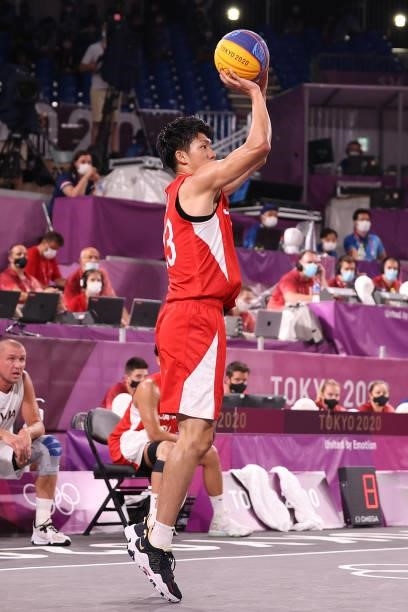 Ryuto Yasuoka of Team Japan shoots in the 3x3 Basketball competition on day four of the Tokyo 2020 Olympic Games at Aomi Urban Sports Park on July...