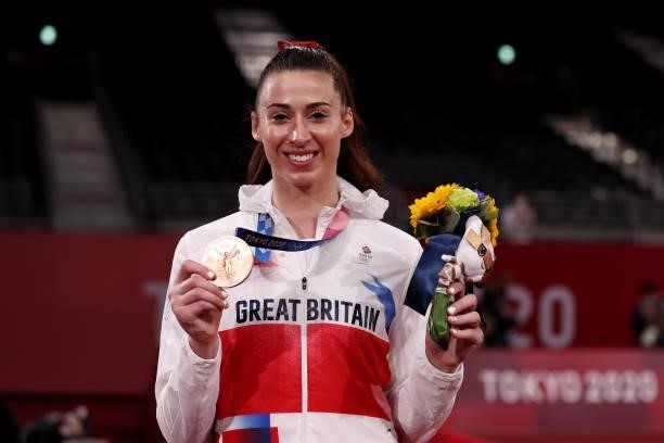 Bronze medalist Bianca Walkden of Team Great Britain poses with the bronze medal for the Women's +67kg Taekwondo on day four of the Tokyo 2020...
