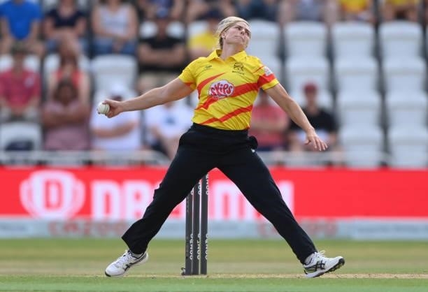 Rockets bowler Katherine Brunt in bowling action during the Hundred match between Trent Rockets and Northern Superchargers at Trent Bridge on July...