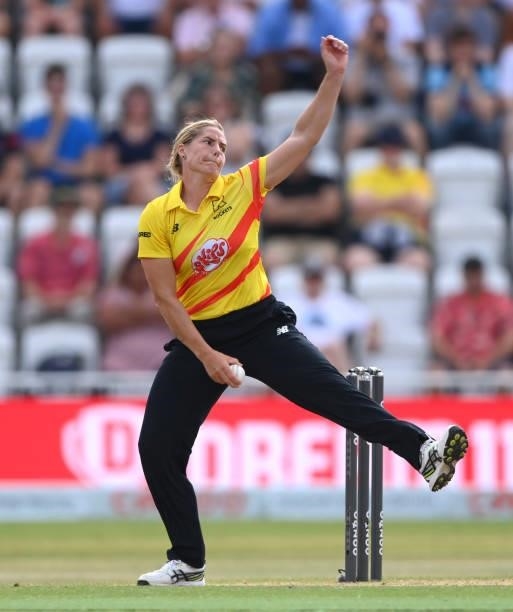 Rockets bowler Katherine Brunt in bowling action during the Hundred match between Trent Rockets and Northern Superchargers at Trent Bridge on July...