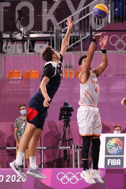 Arvin Slagter of Team Netherlands shoots in the 3x3 Basketball competition on day four of the Tokyo 2020 Olympic Games at Aomi Urban Sports Park on...