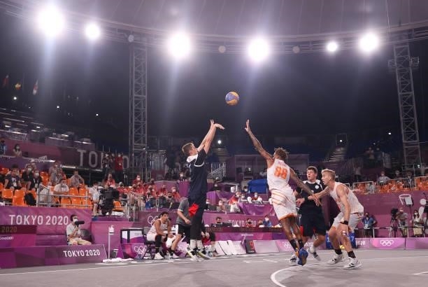 Alexander Zuev of Team ROC shoots in the 3x3 Basketball competition on day four of the Tokyo 2020 Olympic Games at Aomi Urban Sports Park on July 27,...