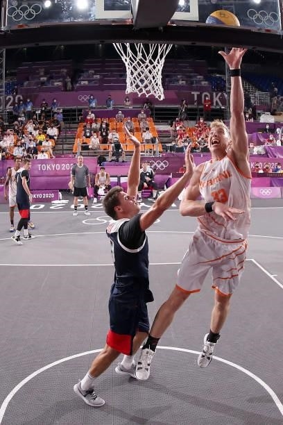 Ross Bekkering of Team Netherlands drives to the basket in the 3x3 Basketball competition on day four of the Tokyo 2020 Olympic Games at Aomi Urban...
