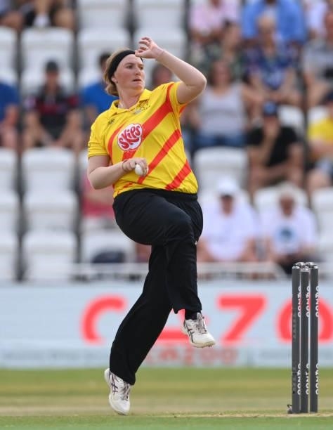 Rockets bowler Sammy-Jo Johnson in bowling action during the Hundred match between Trent Rockets and Northern Superchargers at Trent Bridge on July...