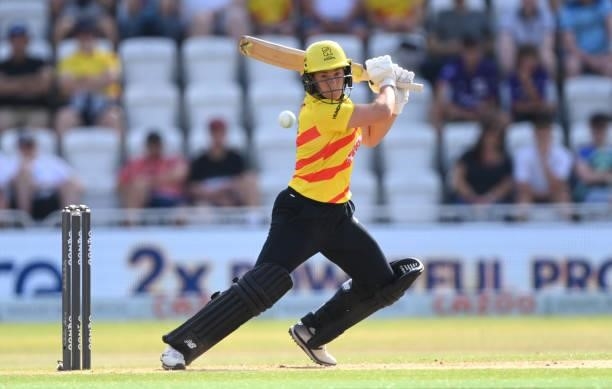Rockets bowler Katherine Brunt in batting action during the Hundred match between Trent Rockets and Northern Superchargers at Trent Bridge on July...