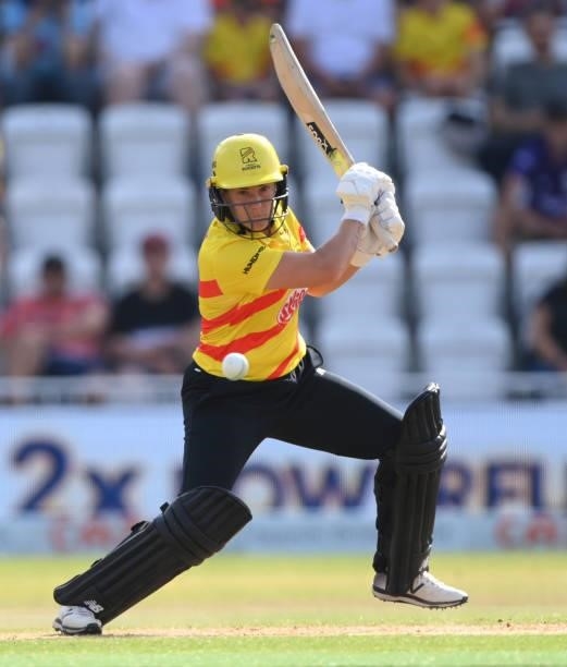 Rockets bowler Katherine Brunt in batting action during the Hundred match between Trent Rockets and Northern Superchargers at Trent Bridge on July...