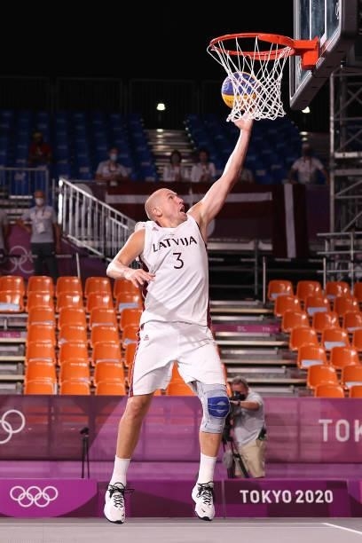 Edgars Krumins of Team Latvia drives to the basket in the 3x3 Basketball competition on day four of the Tokyo 2020 Olympic Games at Aomi Urban Sports...