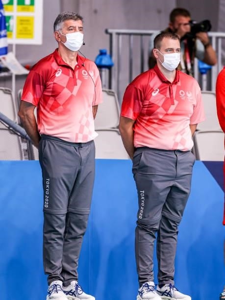 Referee Nenad Peris , referee Michiel Zwart during the Tokyo 2020 Olympic Waterpolo Tournament men match between Japan and Hungary at Tatsumi...
