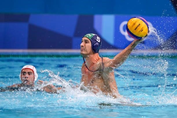 Marton Vamos of Hungary during the Tokyo 2020 Olympic Waterpolo Tournament men match between Japan and Hungary at Tatsumi Waterpolo Centre on July...