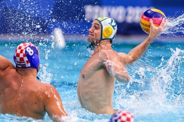 Aaron Younger of Australia during the Tokyo 2020 Olympic Waterpolo Tournament men match between Australia and Croatia at Tatsumi Waterpolo Centre on...