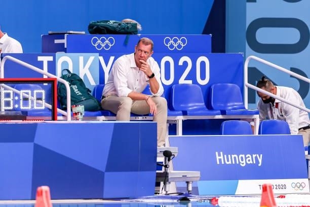 Head coach Tamas Marcz of Hungary during the Tokyo 2020 Olympic Waterpolo Tournament men match between Japan and Hungary at Tatsumi Waterpolo Centre...