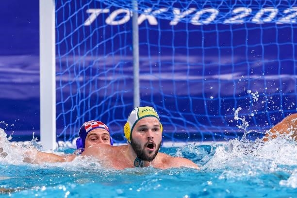 Lachlan Edwards of Australia during the Tokyo 2020 Olympic Waterpolo Tournament men match between Australia and Croatia at Tatsumi Waterpolo Centre...