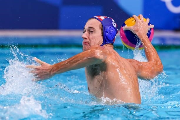 Lovre Milos of Croatia during the Tokyo 2020 Olympic Waterpolo Tournament men match between Australia and Croatia at Tatsumi Waterpolo Centre on July...