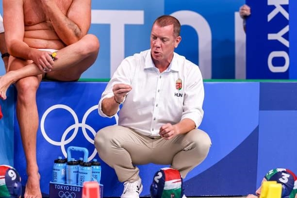 Head coach Tamas Marcz of Hungary during the Tokyo 2020 Olympic Waterpolo Tournament men match between Japan and Hungary at Tatsumi Waterpolo Centre...
