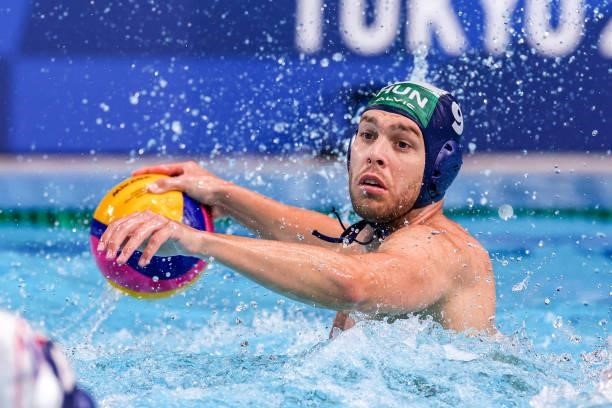Balasz Erdelyi of Hungary during the Tokyo 2020 Olympic Waterpolo Tournament men match between Japan and Hungary at Tatsumi Waterpolo Centre on July...