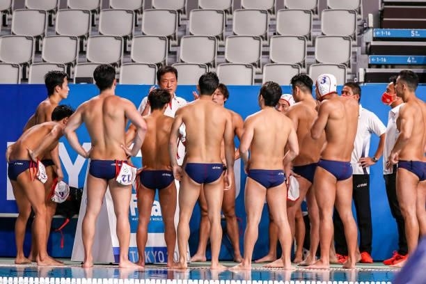 Head coach Yoji Omoto of Japan during the Tokyo 2020 Olympic Waterpolo Tournament men match between Japan and Hungary at Tatsumi Waterpolo Centre on...