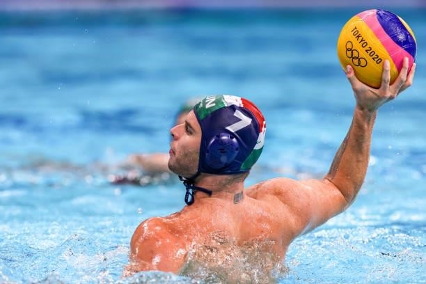 Matyas Pasztor of Hungary during the Tokyo 2020 Olympic Waterpolo Tournament men match between Japan and Hungary at Tatsumi Waterpolo Centre on July...