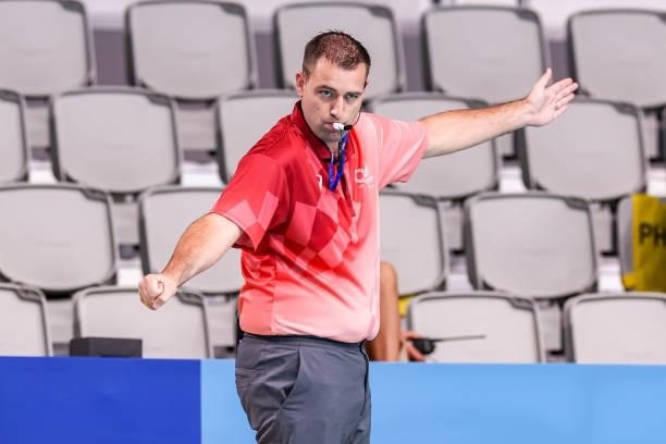 Referee Michiel Zwart during the Tokyo 2020 Olympic Waterpolo Tournament men match between Japan and Hungary at Tatsumi Waterpolo Centre on July 27,...