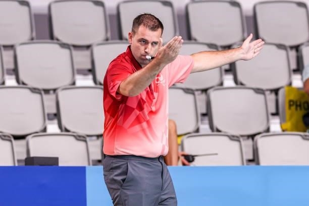 Referee Michiel Zwart during the Tokyo 2020 Olympic Waterpolo Tournament men match between Japan and Hungary at Tatsumi Waterpolo Centre on July 27,...
