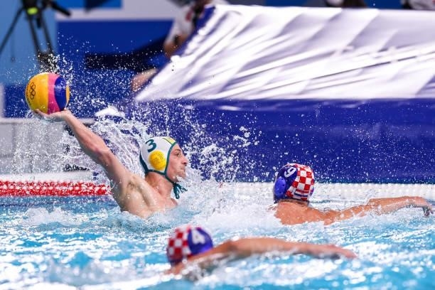 George Ford of Australia, Lovre Milos of Croatia during the Tokyo 2020 Olympic Waterpolo Tournament men match between Australia and Croatia at...