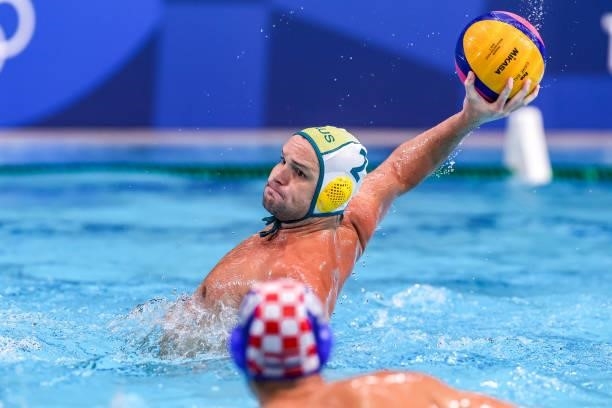 Richie Campbell of Australia during the Tokyo 2020 Olympic Waterpolo Tournament men match between Australia and Croatia at Tatsumi Waterpolo Centre...