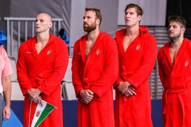 Team Hungary during the Tokyo 2020 Olympic Waterpolo Tournament men match between Japan and Hungary at Tatsumi Waterpolo Centre on July 27, 2021 in...