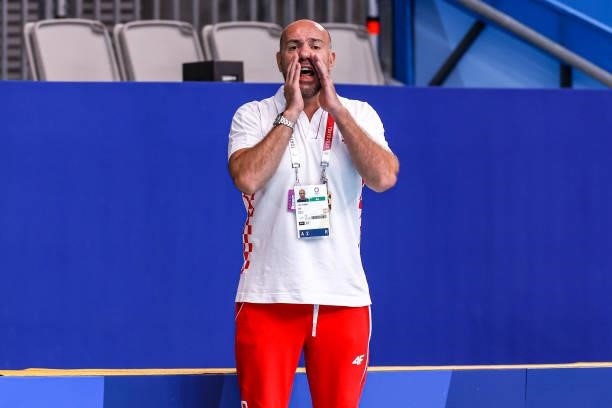 Head coach Ivica Tucak of Croatia during the Tokyo 2020 Olympic Waterpolo Tournament men match between Australia and Croatia at Tatsumi Waterpolo...