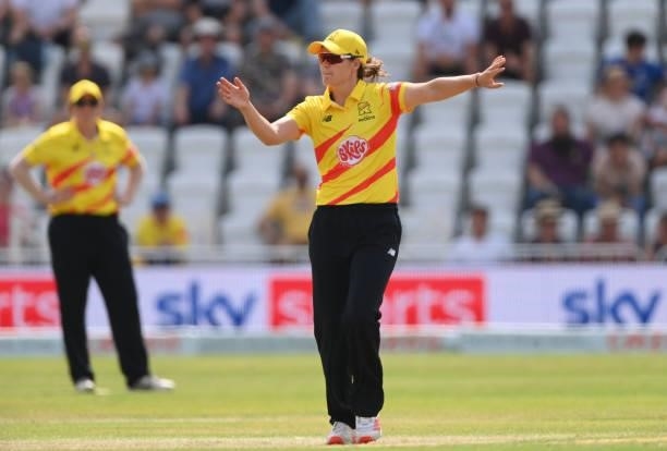 Rockets captain Natalie Sciver sets her field during the Hundred match between Trent Rockets and Northern Superchargers at Trent Bridge on July 26,...