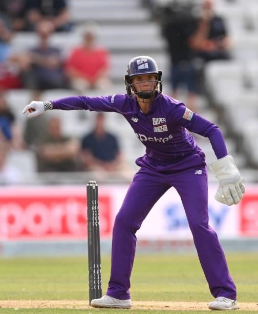 Superchargers wicketkeeper Lauren Winfield-Hill in action during the Hundred match between Trent Rockets and Northern Superchargers at Trent Bridge...