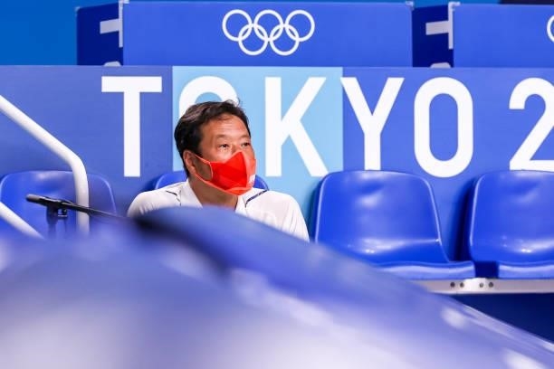 Head coach Yoji Omoto of Japan during the Tokyo 2020 Olympic Waterpolo Tournament men match between Japan and Hungary at Tatsumi Waterpolo Centre on...