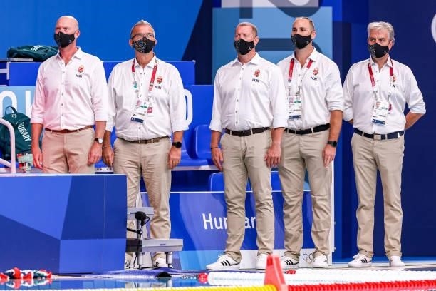 Team Hungary with head coach Tamas Marcz of Hungary during the Tokyo 2020 Olympic Waterpolo Tournament men match between Japan and Hungary at Tatsumi...