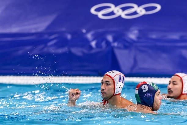 Keigo Okawa of Japan during the Tokyo 2020 Olympic Waterpolo Tournament men match between Japan and Hungary at Tatsumi Waterpolo Centre on July 27,...