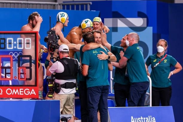 Team Australia during the Tokyo 2020 Olympic Waterpolo Tournament men match between Australia and Croatia at Tatsumi Waterpolo Centre on July 27,...