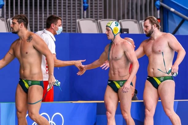 Andrew Ford of Australia, Rhys Howden of Australia during the Tokyo 2020 Olympic Waterpolo Tournament men match between Australia and Croatia at...