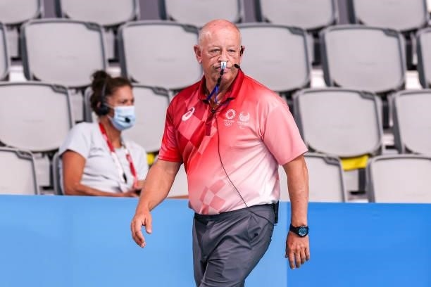 Referee Michael Goldenberg during the Tokyo 2020 Olympic Waterpolo Tournament men match between Australia and Croatia at Tatsumi Waterpolo Centre on...