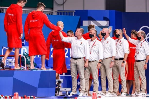 Team Hungary during the Tokyo 2020 Olympic Waterpolo Tournament men match between Japan and Hungary at Tatsumi Waterpolo Centre on July 27, 2021 in...