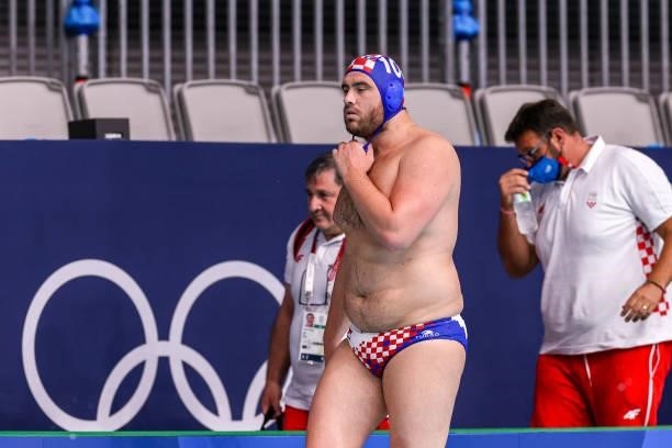 Josip Vrlic of Croatia during the Tokyo 2020 Olympic Waterpolo Tournament men match between Australia and Croatia at Tatsumi Waterpolo Centre on July...