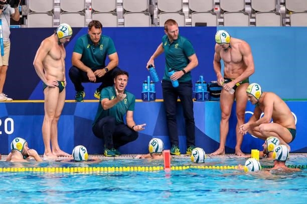 Team Australia during the Tokyo 2020 Olympic Waterpolo Tournament men match between Australia and Croatia at Tatsumi Waterpolo Centre on July 27,...