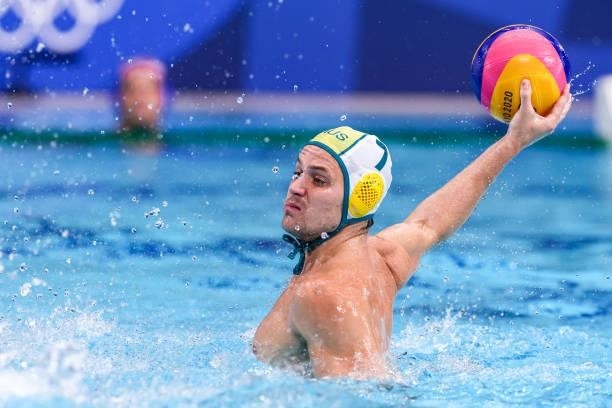 Aidan Roach of Australia during the Tokyo 2020 Olympic Waterpolo Tournament men match between Australia and Croatia at Tatsumi Waterpolo Centre on...