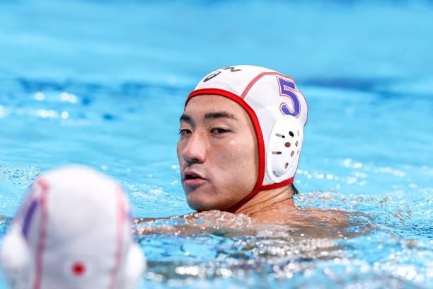Takuma Yoshida of Japan during the Tokyo 2020 Olympic Waterpolo Tournament men match between Japan and Hungary at Tatsumi Waterpolo Centre on July...