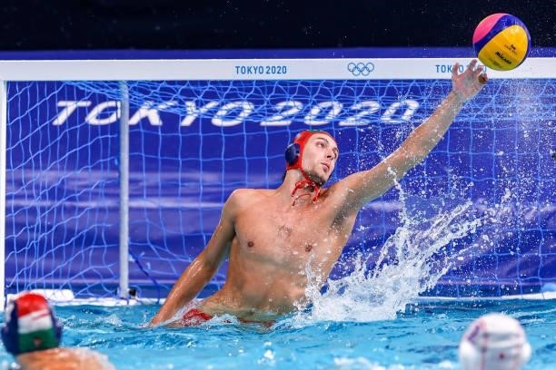 Soma Vogel of Hungary during the Tokyo 2020 Olympic Waterpolo Tournament men match between Japan and Hungary at Tatsumi Waterpolo Centre on July 27,...
