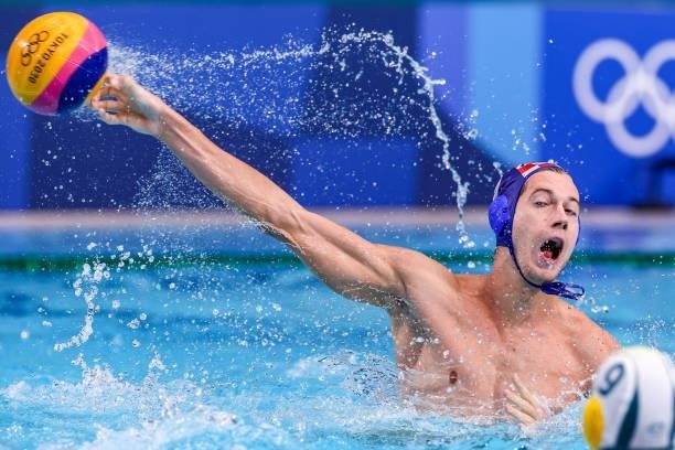 Lovre Milos of Croatia during the Tokyo 2020 Olympic Waterpolo Tournament men match between Australia and Croatia at Tatsumi Waterpolo Centre on July...