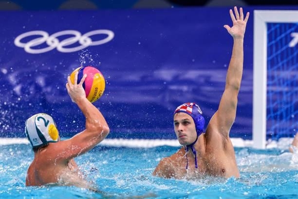 Richie Campbell of Australia, Loren Fatovic of Croatia during the Tokyo 2020 Olympic Waterpolo Tournament men match between Australia and Croatia at...
