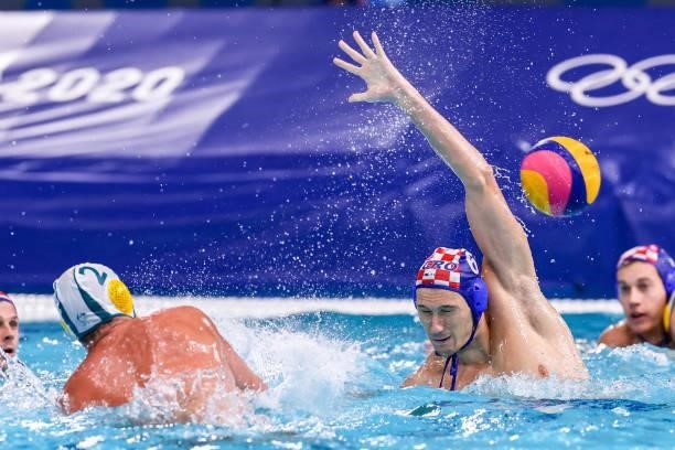 Richie Campbell of Australia, Luka Bukic of Croatia during the Tokyo 2020 Olympic Waterpolo Tournament men match between Australia and Croatia at...