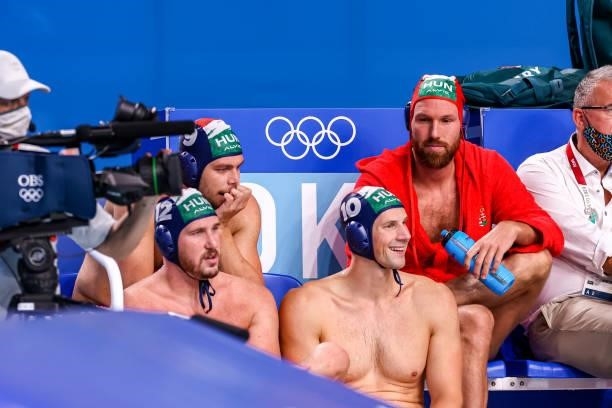 Balazs Harai of Hungary, Balasz Erdelyi of Hungary, Denes Varga of Hungary, Victor Nagy of Hungary during the Tokyo 2020 Olympic Waterpolo Tournament...